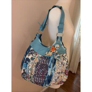 VTG Chateau Patchwork Shoulder Tote Bag Blue Colorful Applique Boho Hippie